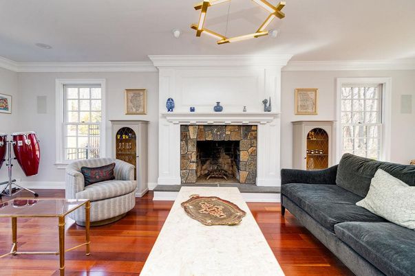 Fireplace, Interior, Living room, Pendant Lights, Wood Texture Flooring