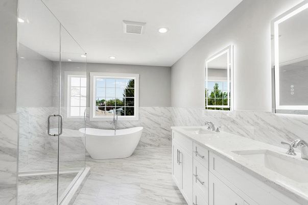 Bathroom, Dual Sink Vanities, Free Standing Baths, Glass Shower, Interior, Marble, Marble Walls, Recessed Lighting