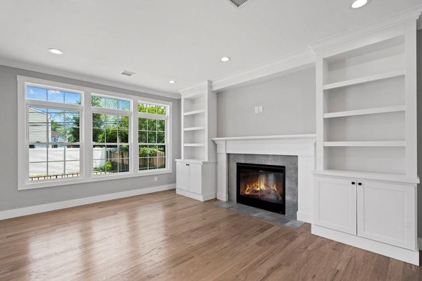 Empty room, Fireplace, Interior, Recessed Lighting, Wood Texture Flooring