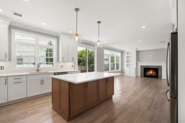 Fireplace, Interior, Kitchen, Pendant Lights, Recessed Lighting, Wood Texture Flooring