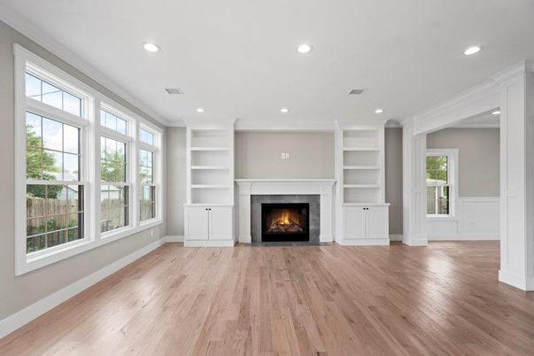 Empty room, Fireplace, Interior, Recessed Lighting, Wood Texture Flooring