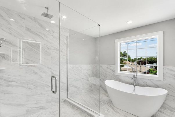 Bathroom, Free Standing Baths, Glass Shower, Interior, Marble, Marble Walls, Recessed Lighting