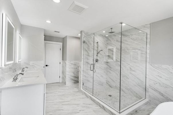 Bathroom, Glass Shower, Interior, Marble, Marble Walls, Recessed Lighting