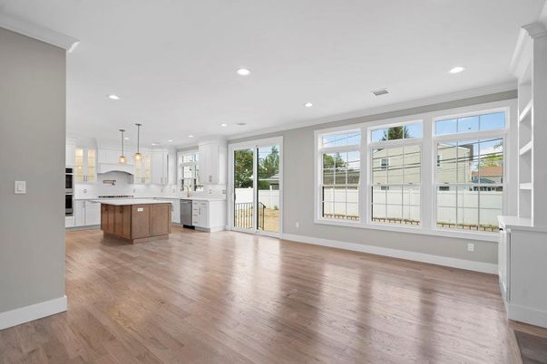 Empty room, Interior, Kitchen, Pendant Lights, Recessed Lighting, Wood Texture Flooring