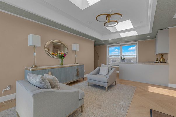 Interior, Living room, Pendant Lights, Recessed Lighting, Wood Texture Flooring