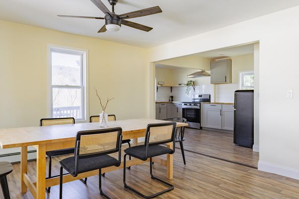 Dining room, Interior, Kitchen, Stainless Steel Appliances, Wood Texture Flooring