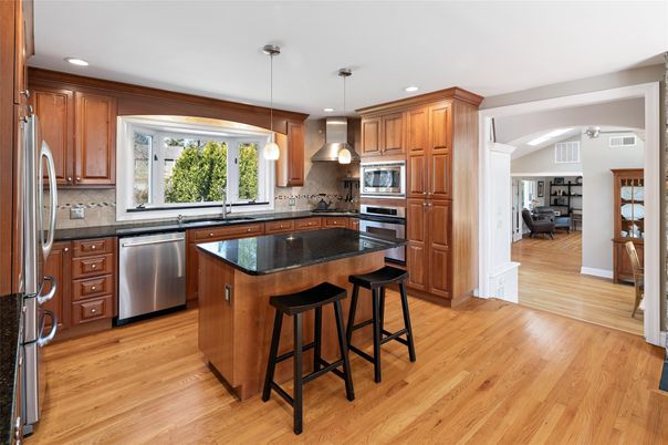 Interior, Kitchen, Pendant Lights, Recessed Lighting, Stainless Steel Appliances, Wood Texture Flooring