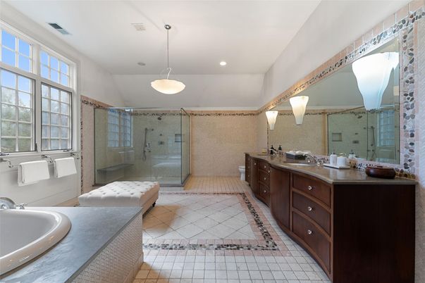 Bathroom, Dual Sink Vanities, Glass Shower, Interior, Pendant Lights, Recessed Lighting