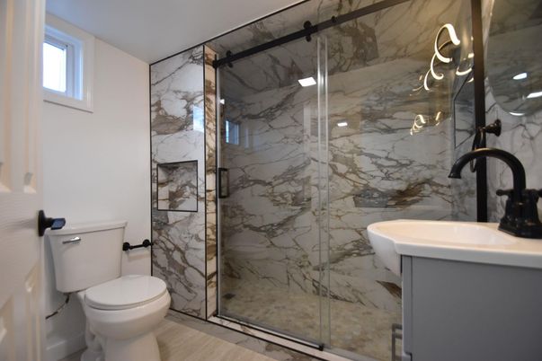 Bathroom, Glass Shower, Interior, Marble Walls, Wood Texture Flooring
