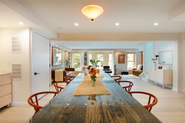 Dining room, Interior, Living room, Recessed Lighting, Wood Texture Flooring