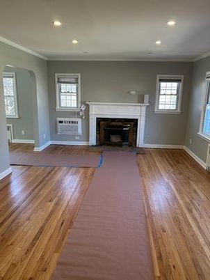Empty room, Fireplace, Interior, Recessed Lighting, Wood Texture Flooring