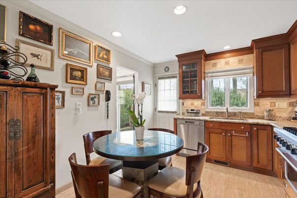 Dining room, Interior, Kitchen, Recessed Lighting, Stainless Steel Appliances, Wood Texture Flooring