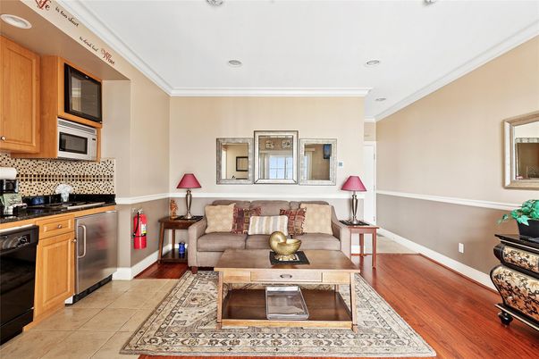 Interior, Kitchen, Living room, Recessed Lighting, Stainless Steel Appliances, Wood Texture Flooring