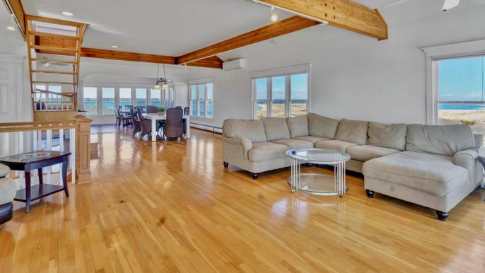 Dining room, Interior, Living room, Pendant Lights, Recessed Lighting, Wooden Beams, Wood Texture Flooring