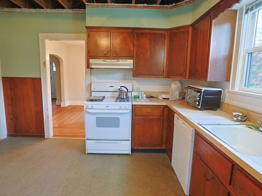 Interior, Kitchen, Tile Countertops, Wood Texture Flooring