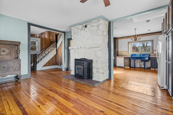 Chandelier, Fireplace, Interior, Marble Walls, Wood Texture Flooring