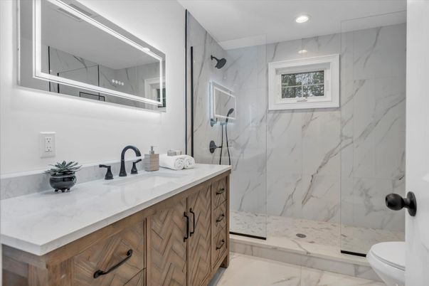 Bathroom, Glass Shower, Interior, Marble, Marble Walls, Recessed Lighting
