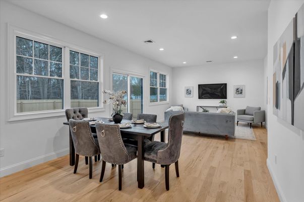 Dining room, Interior, Living room, Recessed Lighting, Wood Texture Flooring