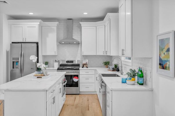Interior, Kitchen, Recessed Lighting, Stainless Steel Appliances, Wood Texture Flooring