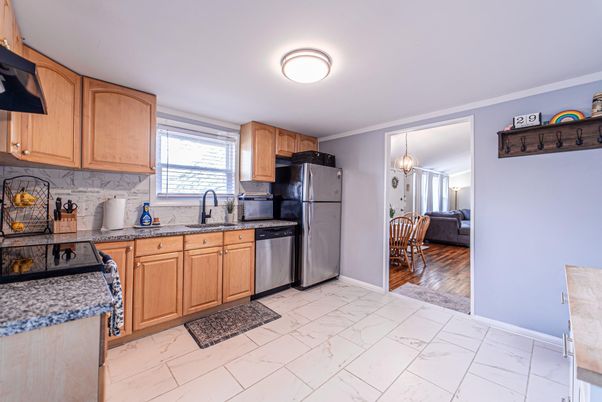 Interior, Kitchen, Living room, Marble, Pendant Lights, Stainless Steel Appliances, Wood Texture Flooring