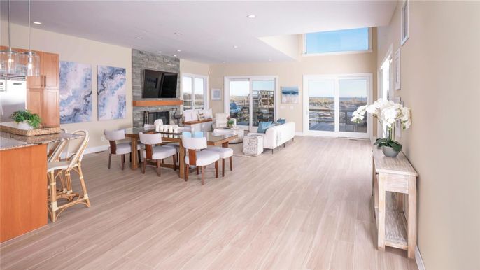 Dining room, Fireplace, Interior, Living room, Pendant Lights, Recessed Lighting, Wood Texture Flooring