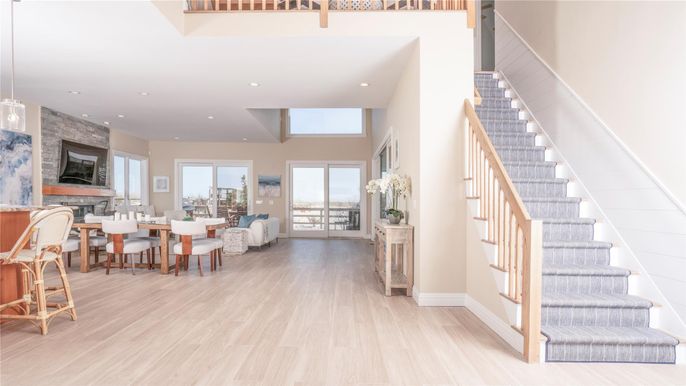 Dining room, Fireplace, Interior, Living room, Pendant Lights, Recessed Lighting, Wood Texture Flooring