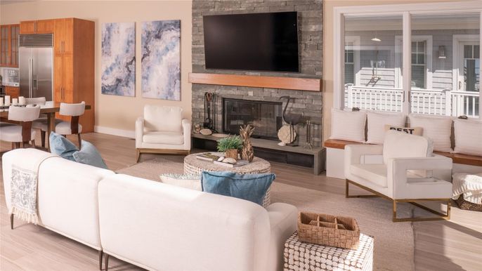 Dining room, Fireplace, Interior, Living room, Stone Walls, Wood Texture Flooring