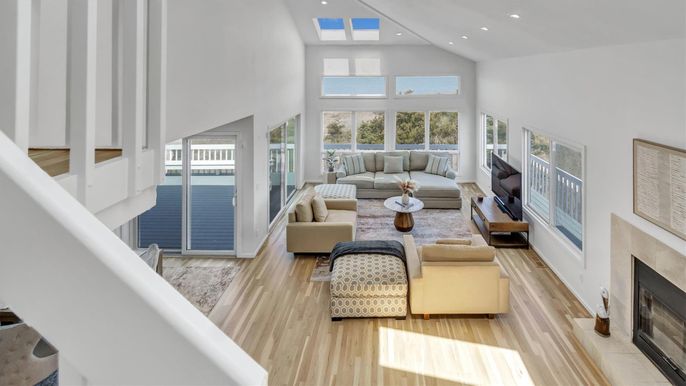 Fireplace, Interior, Living room, Recessed Lighting, Wood Texture Flooring