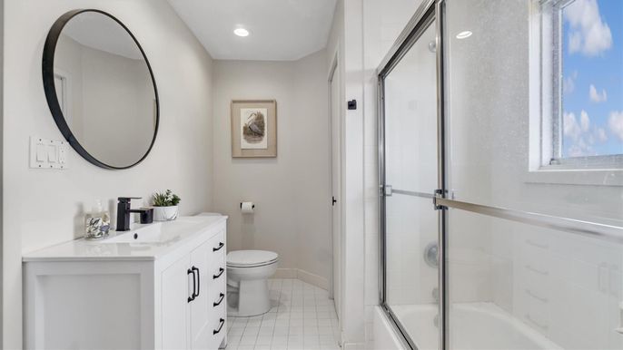 Bathroom, Glass Shower, Interior, Recessed Lighting