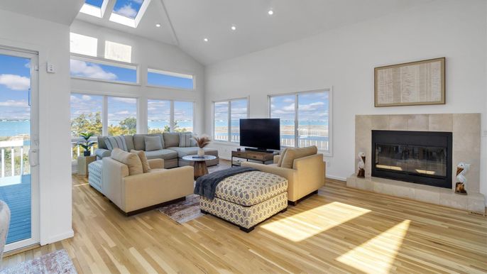 Fireplace, Interior, Living room, Recessed Lighting, Water, Wood Texture Flooring