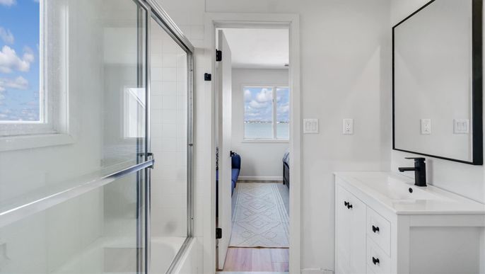 Bathroom, Glass Shower, Interior, Wood Texture Flooring