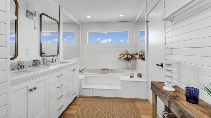 Bathroom, Dual Sink Vanities, Interior, Recessed Lighting, Wood Texture Flooring