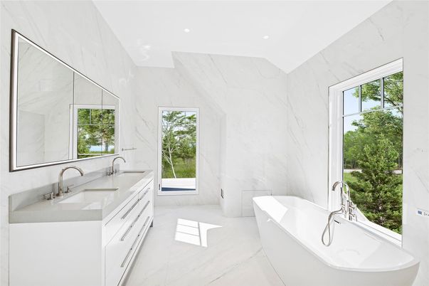 Bathroom, Dual Sink Vanities, Free Standing Baths, Interior, Marble, Marble Walls, Recessed Lighting