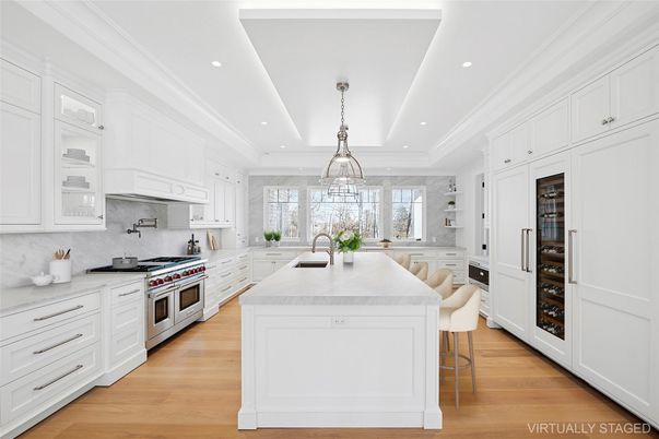 Chandelier, Interior, Kitchen, Pendant Lights, Recessed Lighting, Stainless Steel Appliances, Wood Texture Flooring