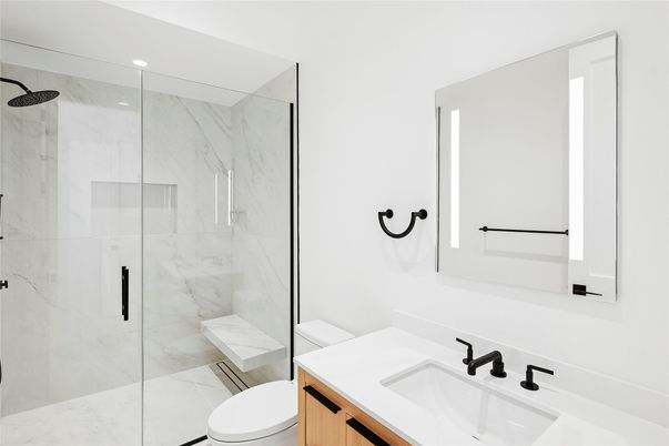 Bathroom, Glass Shower, Interior, Marble Walls, Recessed Lighting