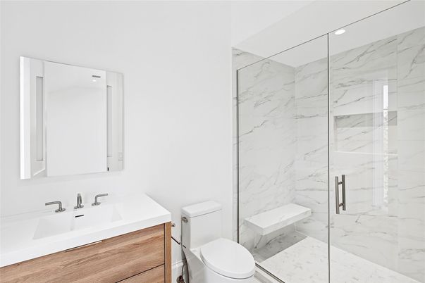 Bathroom, Glass Shower, Interior, Marble Walls, Recessed Lighting, Wood Texture Flooring