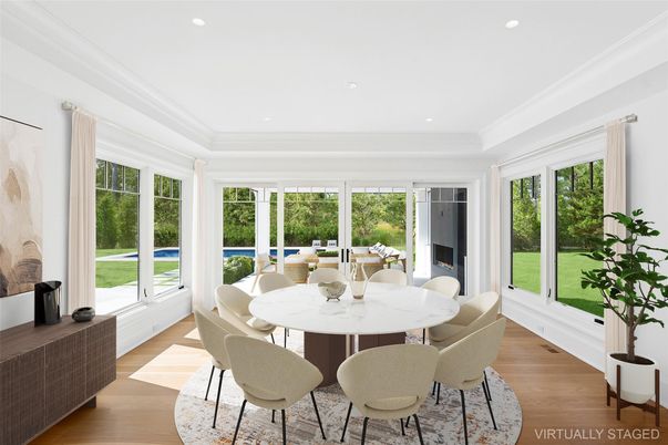 Dining room, Interior, Recessed Lighting, Wood Texture Flooring