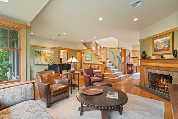 Fireplace, Interior, Living room, Piano, Recessed Lighting, Wood Texture Flooring