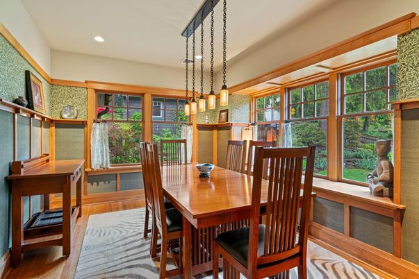 Dining room, Interior, Pendant Lights, Recessed Lighting, Wood Texture Flooring