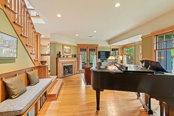 Fireplace, Interior, Piano, Recessed Lighting, Wood Texture Flooring