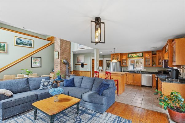 Interior, Kitchen, Living room, Pendant Lights, Stone Walls, Wood Texture Flooring