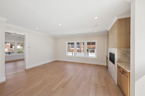 Empty room, Fireplace, Interior, Recessed Lighting, Wood Texture Flooring