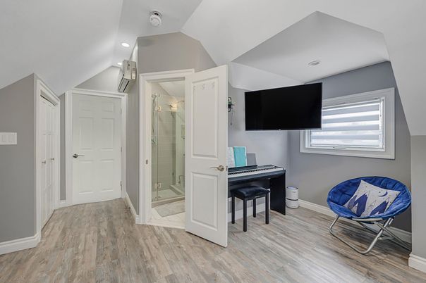 Bathroom, Glass Shower, Interior, Piano, Recessed Lighting, Wood Texture Flooring