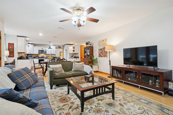 Dining room, Interior, Kitchen, Living room, Recessed Lighting, Stainless Steel Appliances, Wood Texture Flooring