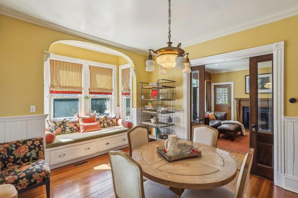 Dining room, Interior, Pendant Lights, Wood Texture Flooring