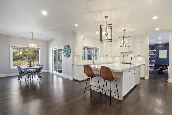 Dining room, Interior, Kitchen, Pendant Lights, Recessed Lighting, Wood Texture Flooring