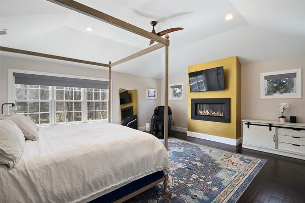 Bedroom, Fireplace, Interior, Recessed Lighting, Wood Texture Flooring