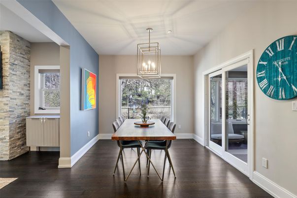 Dining room, Interior, Pendant Lights, Stone Walls, Wood Texture Flooring