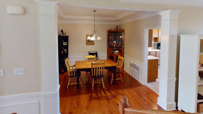 Dining room, Interior, Pendant Lights, Wood Texture Flooring
