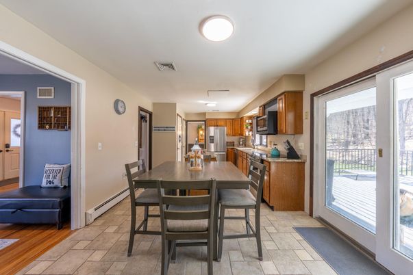 Dining room, Interior, Kitchen, Stainless Steel Appliances, Wood Texture Flooring